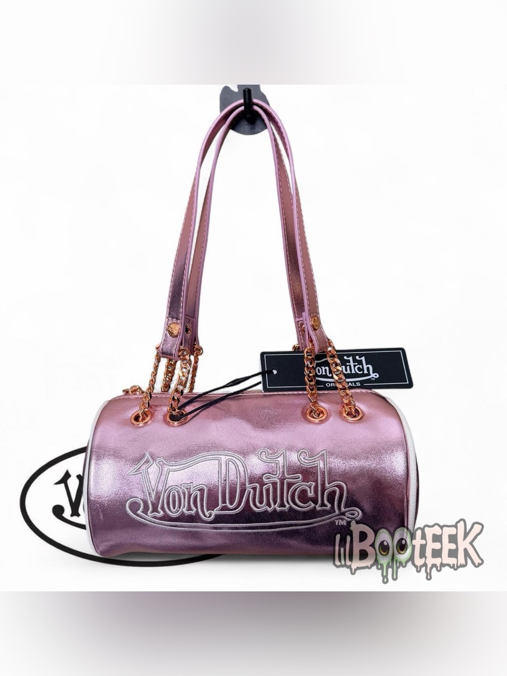 Von Dutch Rose Pink Metallic Barrel Shoulder Bag w Embroidered Logo VIRAL Y2K